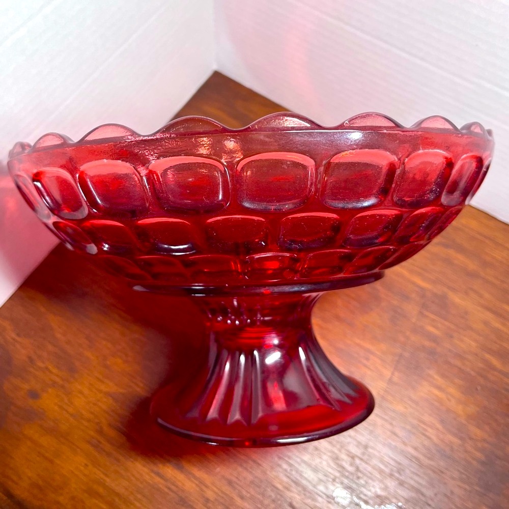 Vintage Federal Glass Yorktown Colonial Ruby Red Thumbprint Footed Bowl 10”